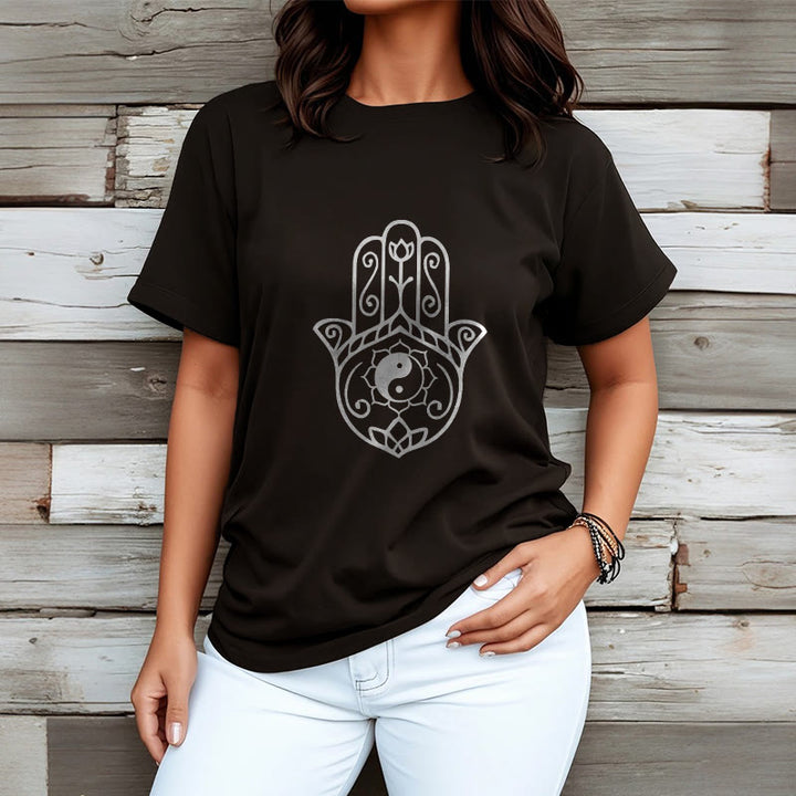 Buddha Stones Hamsa Hand Yin Yang Pattern Tee Cotton T-shirt - image 7