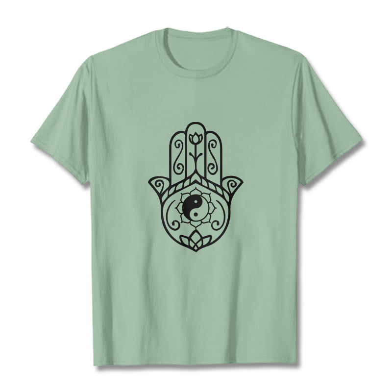 Buddha Stones Hamsa Hand Yin Yang Pattern Tee Cotton T-shirt - PaleGreen - 2XL - image 15