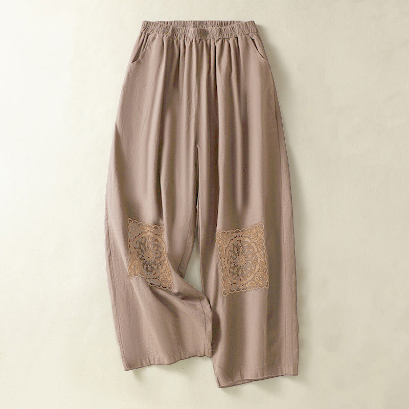 Buddha Stones Vintage Summer Casual Embroidery Paisley Pattern Women's  Cotton Linen Harem Pants With Pockets - Chocolate - US8-10，UK/AU12-14，EU40-42 (2XL) - image 0