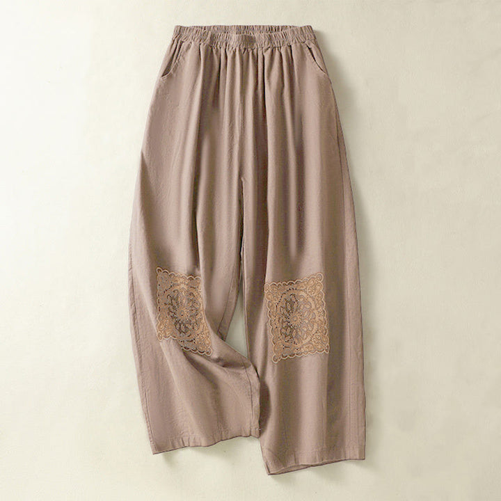 Buddha Stones Vintage Summer Casual Embroidery Paisley Pattern Women's  Cotton Linen Harem Pants With Pockets - Chocolate - US8-10，UK/AU12-14，EU40-42 (2XL) - image 0