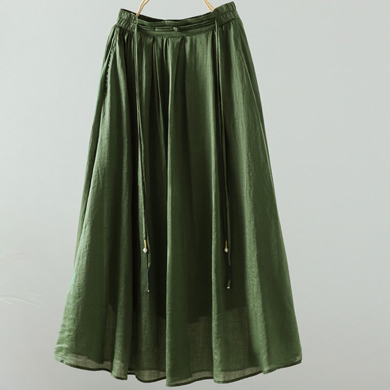 Buddha Stones Summer Retro Pure Color Tassel Design Women's Skirt With Pockets - ForestGreen - US12，UK/AU16，EU44 (2XL) - image 13