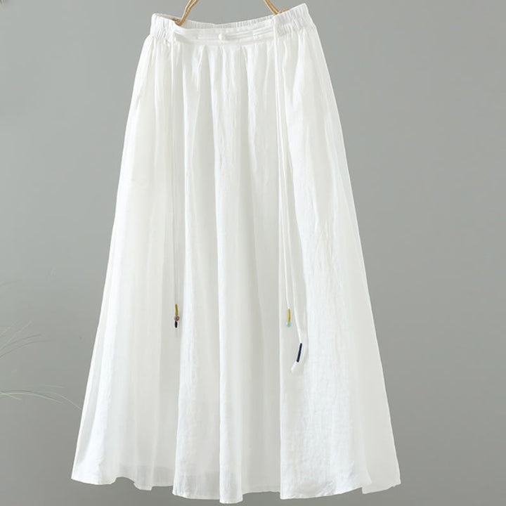 Buddha Stones Summer Retro Pure Color Tassel Design Women's Skirt With Pockets - White - US12，UK/AU16，EU44 (2XL) - image 5