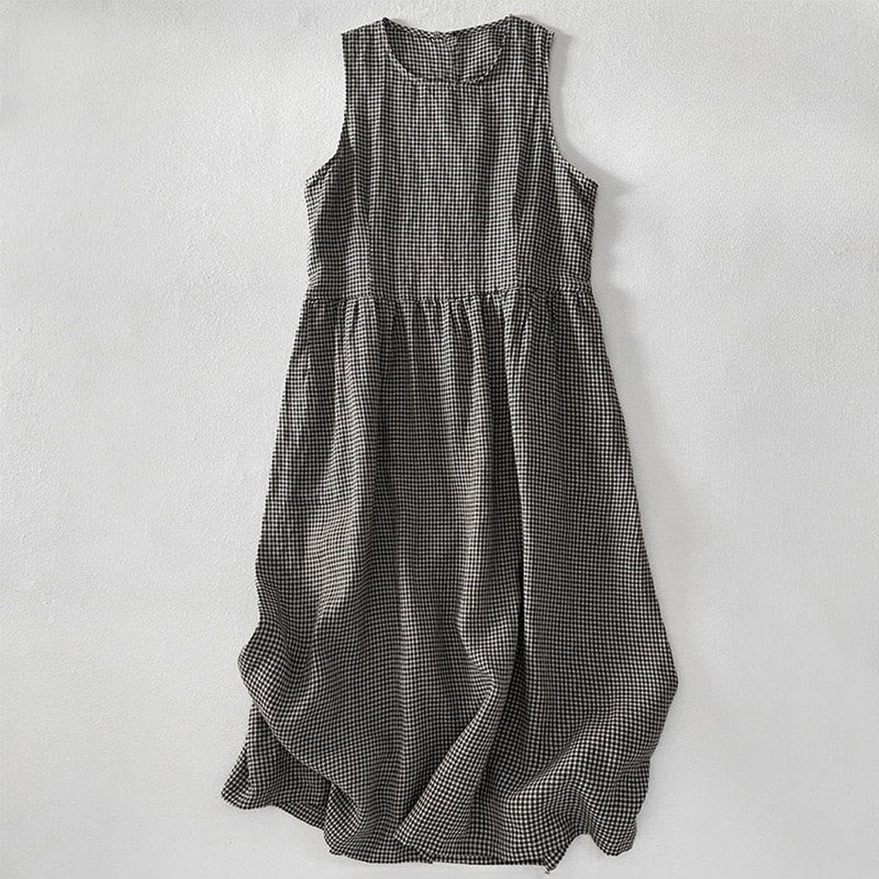 Buddha Stones Casual Plain Handmade Plaid Midi Dress Cotton Sleeveless Dress With Pockets - DimGray - US16，UK/AU20，EU48 (3XL) - image 9