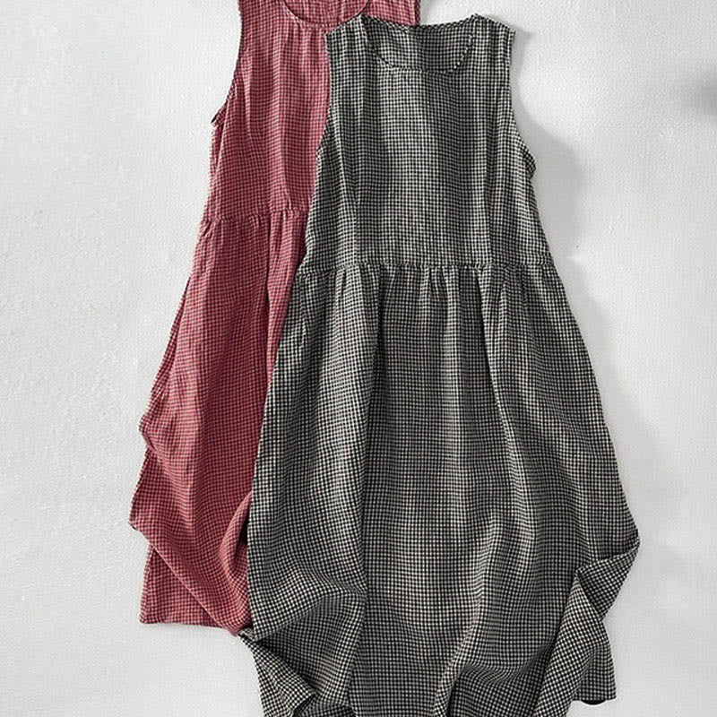 Buddha Stones Casual Plain Handmade Plaid Midi Dress Cotton Sleeveless Dress With Pockets - image 17