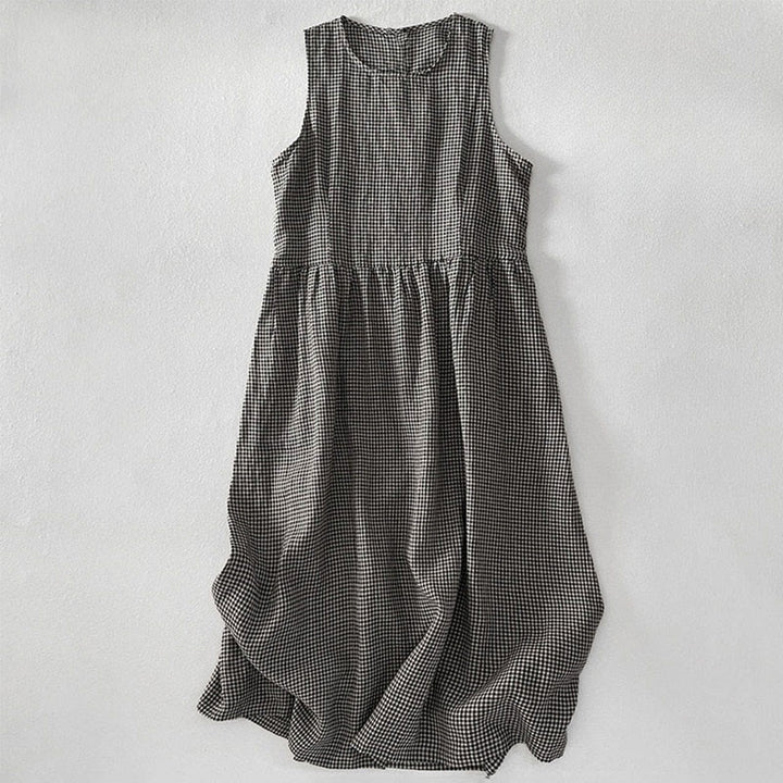 Buddha Stones Casual Plain Handmade Plaid Midi Dress Cotton Sleeveless Dress With Pockets - DimGray - US14，UK/AU18，EU46 (2XL) - image 9