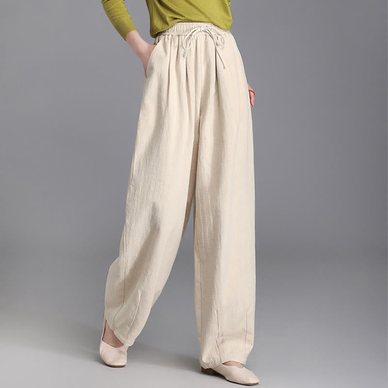 Buddha Stones Women's Casual Vintage Plain Drawstring Carrot Design Cotton Linen Pants With Pockets - Beige - US6，UK/AU10，EU38 (L) - image 0