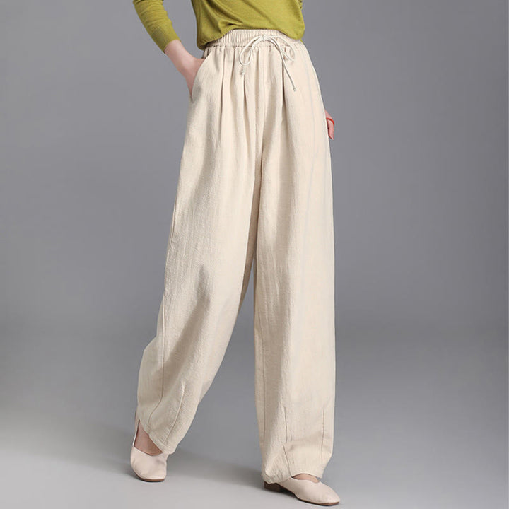 Buddha Stones Women's Casual Vintage Plain Drawstring Carrot Design Cotton Linen Pants With Pockets - Beige - US6，UK/AU10，EU38 (L) - image 0