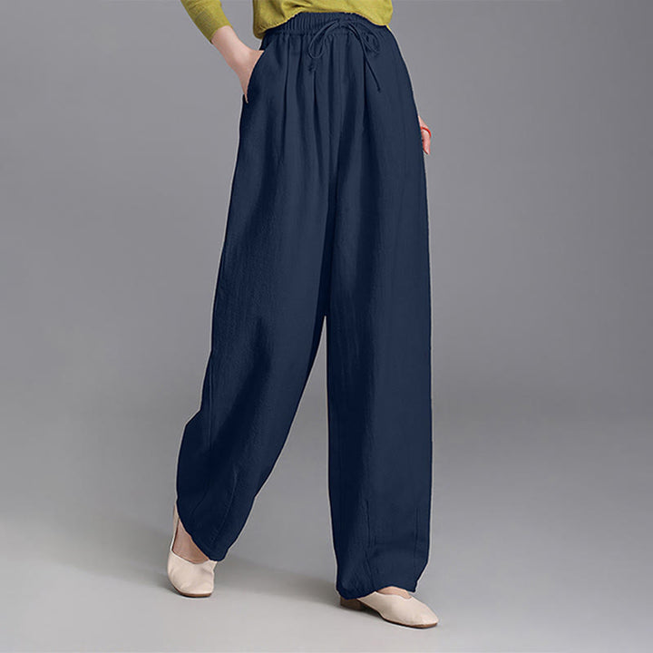 Buddha Stones Women's Casual Vintage Plain Drawstring Carrot Design Cotton Linen Pants With Pockets - Navy - US6，UK/AU10，EU38 (L) - image 18