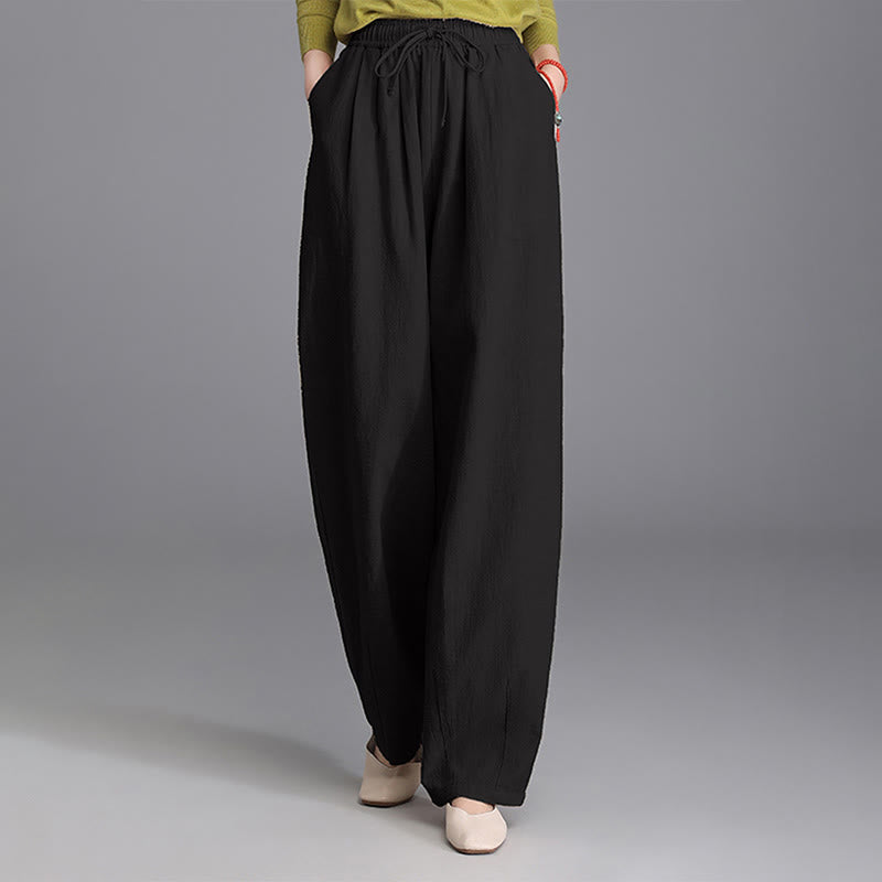 Buddha Stones Women's Casual Vintage Plain Drawstring Carrot Design Cotton Linen Pants With Pockets - image 8