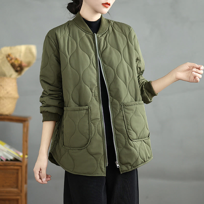 Buddha Stones Women's Plain Zipper Design Cotton Long Sleeve Jacket With Pockets - image 2