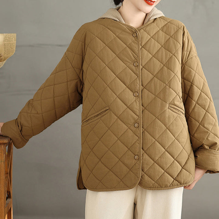 Buddha Stones Women's Buttons Design Cotton Thermal Diamond-quilted Long Sleeve Jacket With Pockets - image 3