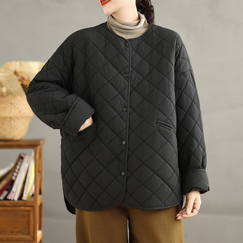 Buddha Stones Women's Buttons Design Cotton Thermal Diamond-quilted Long Sleeve Jacket With Pockets - image 22