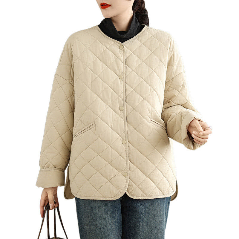 Buddha Stones Women's Buttons Design Cotton Thermal Diamond-quilted Long Sleeve Jacket With Pockets - image 17