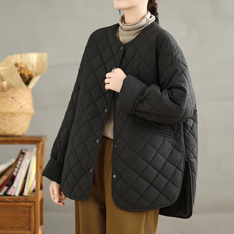 Buddha Stones Women's Buttons Design Cotton Thermal Diamond-quilted Long Sleeve Jacket With Pockets - image 20