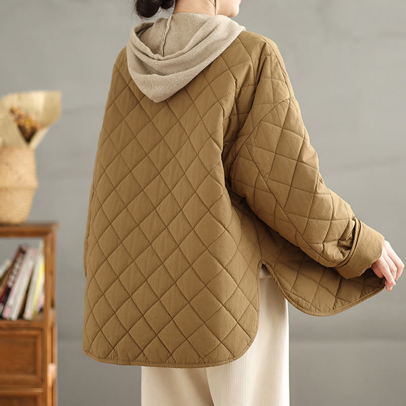 Buddha Stones Women's Buttons Design Cotton Thermal Diamond-quilted Long Sleeve Jacket With Pockets - image 5
