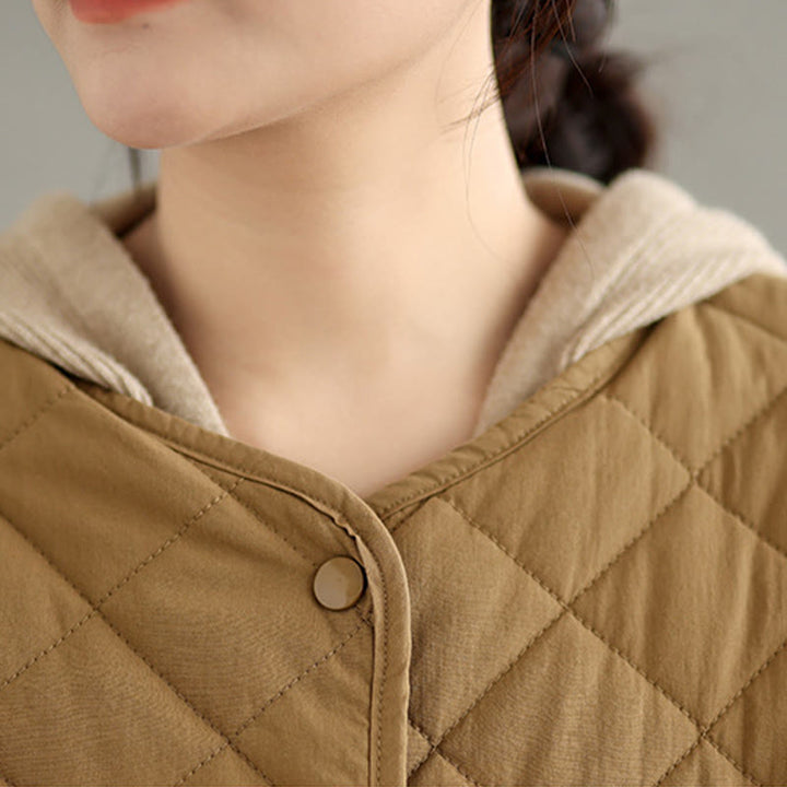 Buddha Stones Women's Buttons Design Cotton Thermal Diamond-quilted Long Sleeve Jacket With Pockets - image 6