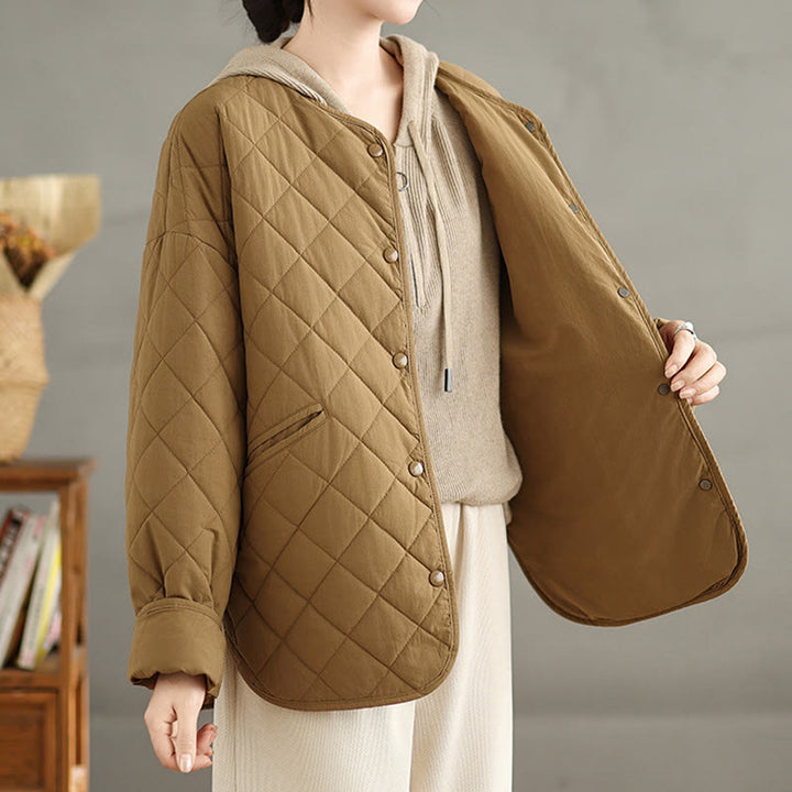 Buddha Stones Women's Buttons Design Cotton Thermal Diamond-quilted Long Sleeve Jacket With Pockets - image 4