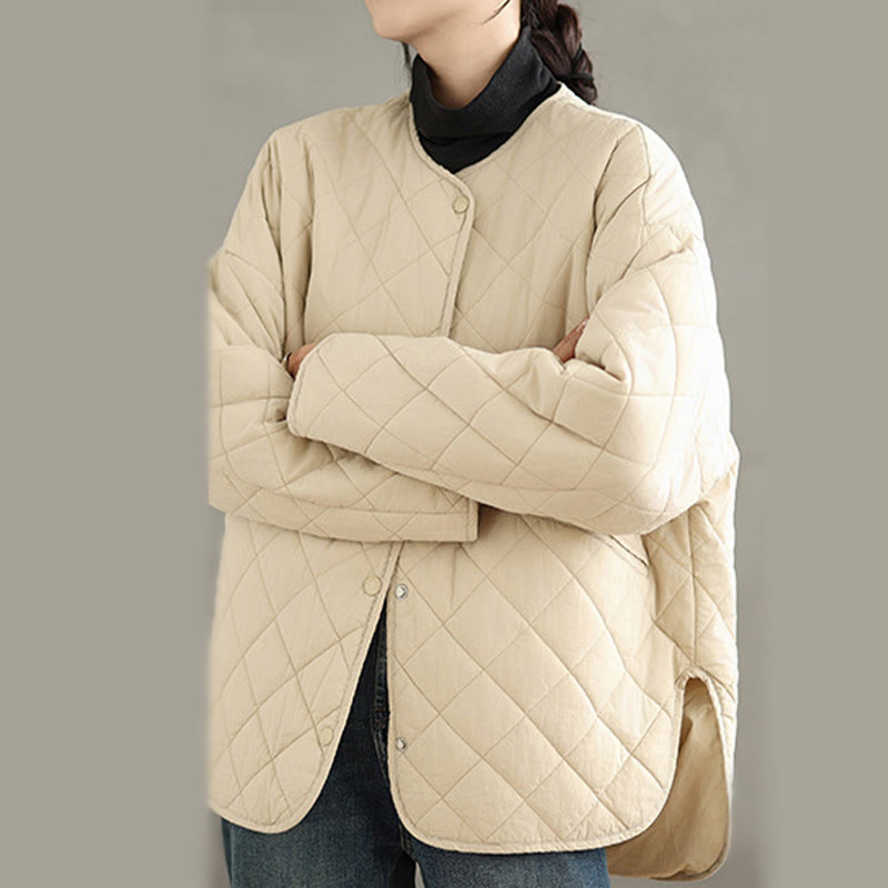 Buddha Stones Women's Buttons Design Cotton Thermal Diamond-quilted Long Sleeve Jacket With Pockets - image 15