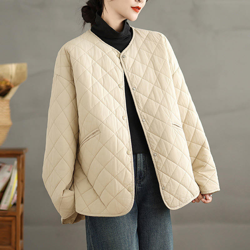 Buddha Stones Women's Buttons Design Cotton Thermal Diamond-quilted Long Sleeve Jacket With Pockets - image 12