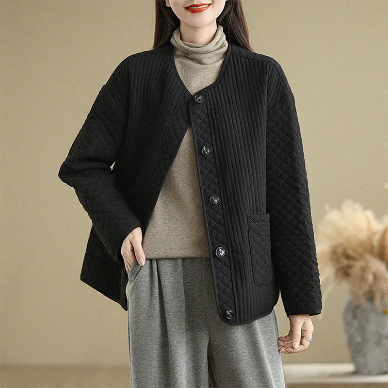 Buddha Stones Women's Vintage Buttons Simple Design Long Sleeve Cotton Jacket With Pockets - Black - US12，UK/AU16，EU44 (2XL) - image 0