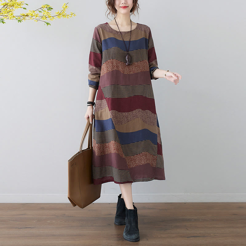 Buddha Stones Ethnic Printing Striped Pattern Long Sleeve Cotton Linen Midi Dress With Pockets - Brown - US8-10，UK/AU12-14，EU40-42 (2XL) - image 1