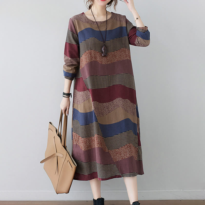 Buddha Stones Ethnic Printing Striped Pattern Long Sleeve Cotton Linen Midi Dress With Pockets - image 4