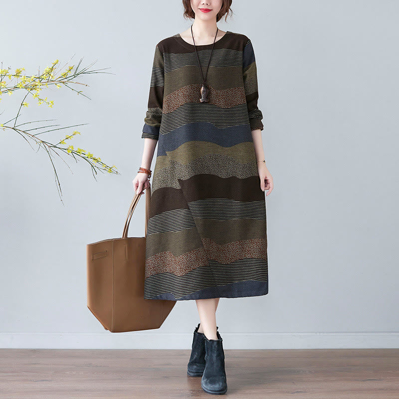 Buddha Stones Ethnic Printing Striped Pattern Long Sleeve Cotton Linen Midi Dress With Pockets - DarkOliveGreen - US8-10，UK/AU12-14，EU40-42 (2XL) - image 15
