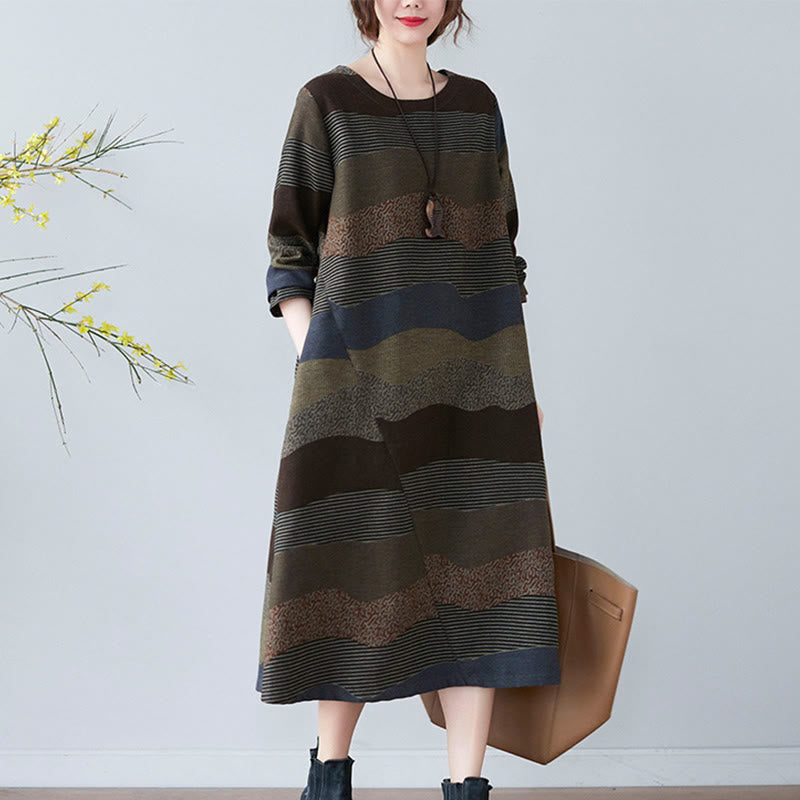 Buddha Stones Ethnic Printing Striped Pattern Long Sleeve Cotton Linen Midi Dress With Pockets - image 22
