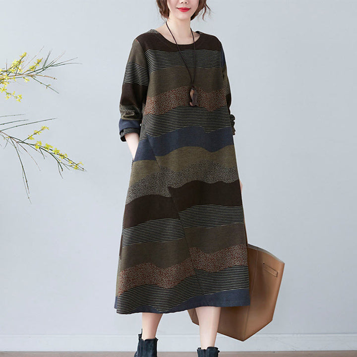 Buddha Stones Ethnic Printing Striped Pattern Long Sleeve Cotton Linen Midi Dress With Pockets - image 22