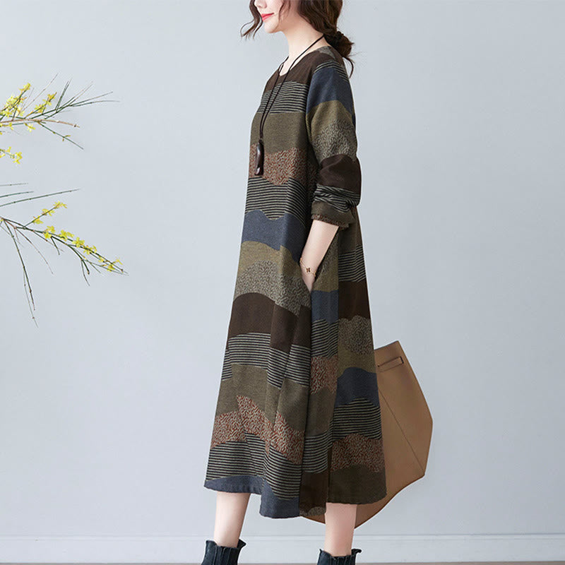 Buddha Stones Ethnic Printing Striped Pattern Long Sleeve Cotton Linen Midi Dress With Pockets - image 21