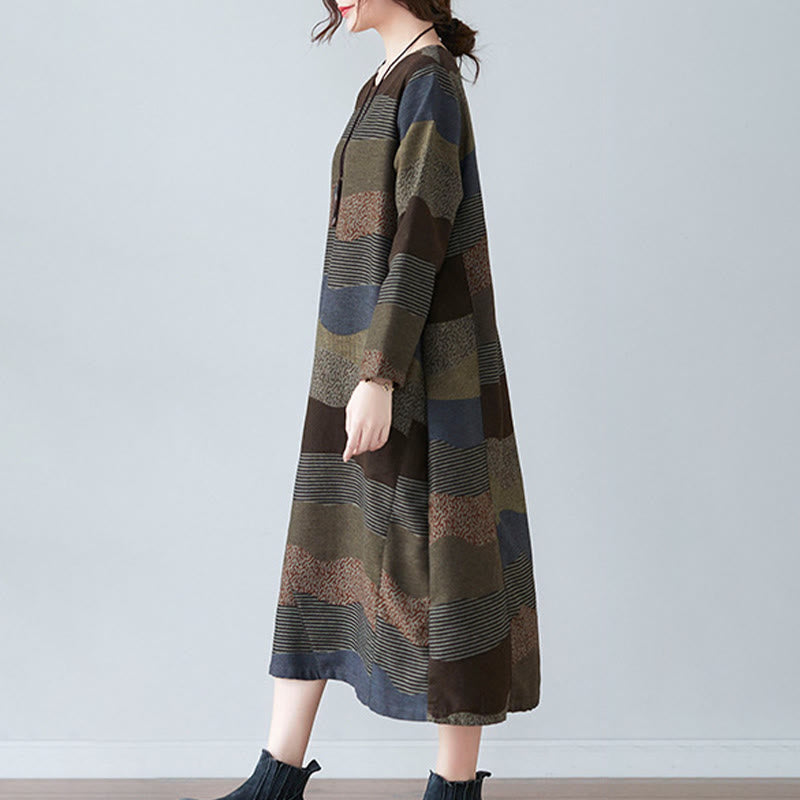Buddha Stones Ethnic Printing Striped Pattern Long Sleeve Cotton Linen Midi Dress With Pockets - image 17