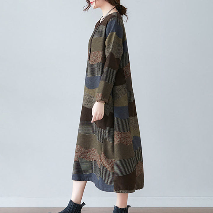 Buddha Stones Ethnic Printing Striped Pattern Long Sleeve Cotton Linen Midi Dress With Pockets - image 17