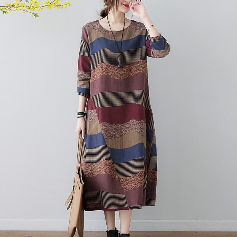 Buddha Stones Ethnic Printing Striped Pattern Long Sleeve Cotton Linen Midi Dress With Pockets - image 9