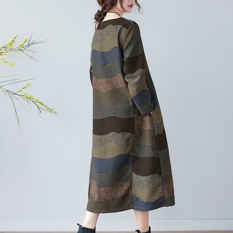 Buddha Stones Ethnic Printing Striped Pattern Long Sleeve Cotton Linen Midi Dress With Pockets - image 20