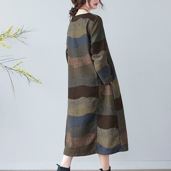 Buddha Stones Ethnic Printing Striped Pattern Long Sleeve Cotton Linen Midi Dress With Pockets - image 20