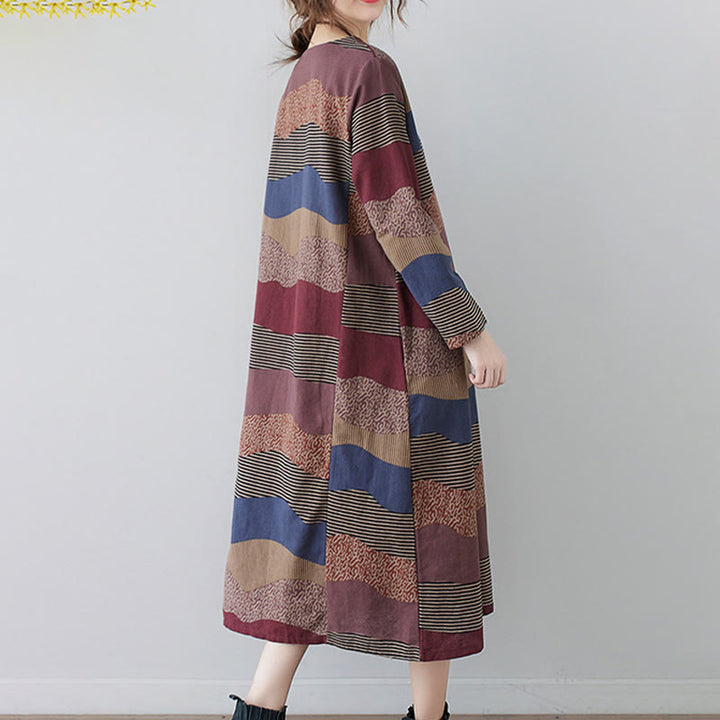 Buddha Stones Ethnic Printing Striped Pattern Long Sleeve Cotton Linen Midi Dress With Pockets - image 8