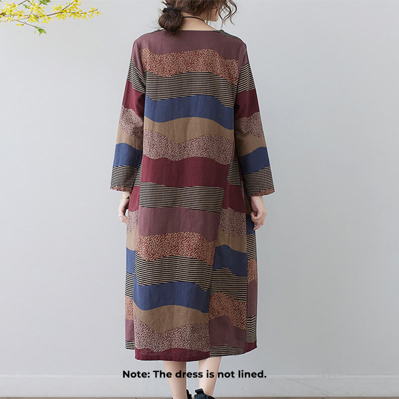 Buddha Stones Ethnic Printing Striped Pattern Long Sleeve Cotton Linen Midi Dress With Pockets - image 2