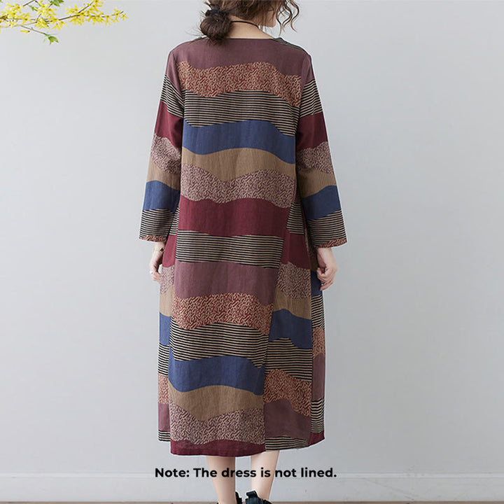 Buddha Stones Ethnic Printing Striped Pattern Long Sleeve Cotton Linen Midi Dress With Pockets - image 2
