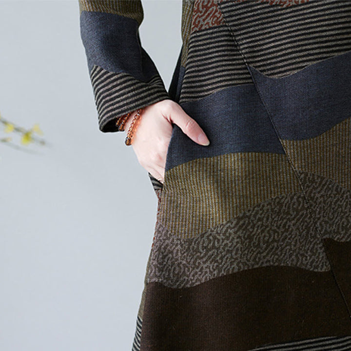 Buddha Stones Ethnic Printing Striped Pattern Long Sleeve Cotton Linen Midi Dress With Pockets - image 26