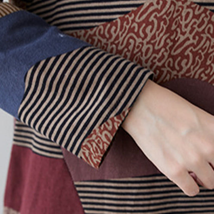 Buddha Stones Ethnic Printing Striped Pattern Long Sleeve Cotton Linen Midi Dress With Pockets - image 13
