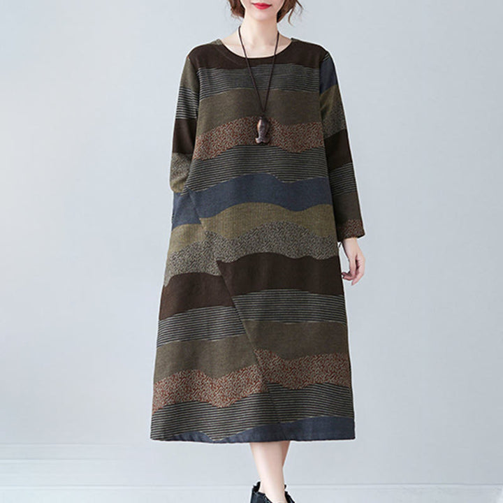 Buddha Stones Ethnic Printing Striped Pattern Long Sleeve Cotton Linen Midi Dress With Pockets - image 18