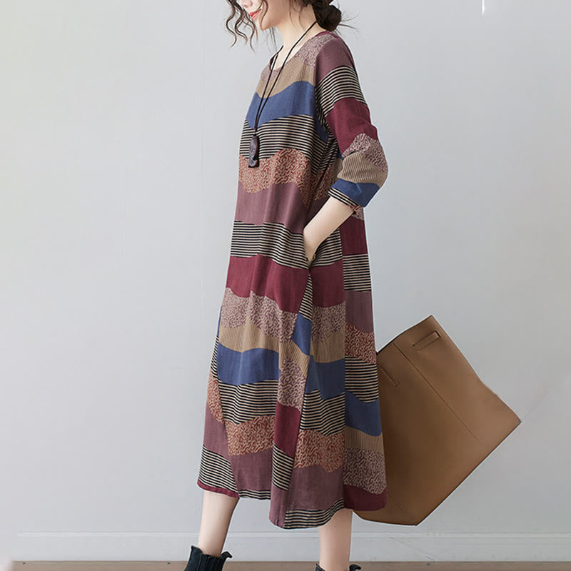 Buddha Stones Ethnic Printing Striped Pattern Long Sleeve Cotton Linen Midi Dress With Pockets - image 5