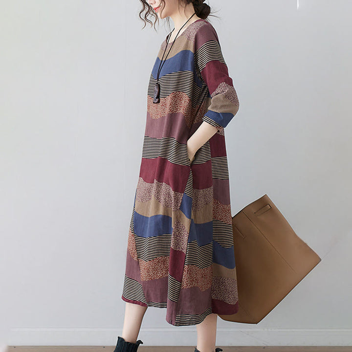 Buddha Stones Ethnic Printing Striped Pattern Long Sleeve Cotton Linen Midi Dress With Pockets - image 5