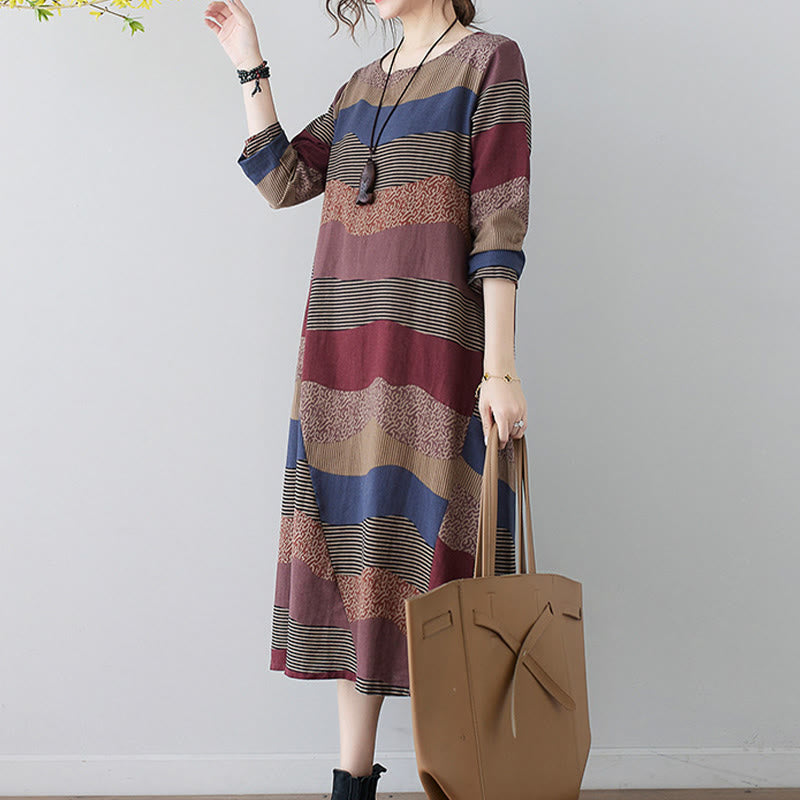 Buddha Stones Ethnic Printing Striped Pattern Long Sleeve Cotton Linen Midi Dress With Pockets - image 6