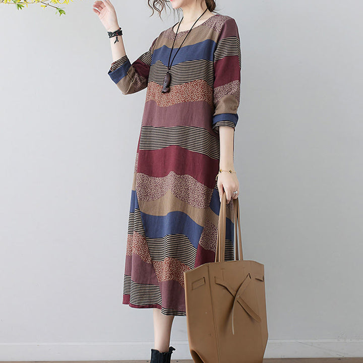 Buddha Stones Ethnic Printing Striped Pattern Long Sleeve Cotton Linen Midi Dress With Pockets - image 6
