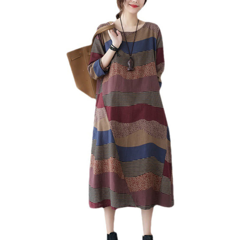 Buddha Stones Ethnic Printing Striped Pattern Long Sleeve Cotton Linen Midi Dress With Pockets - image 14