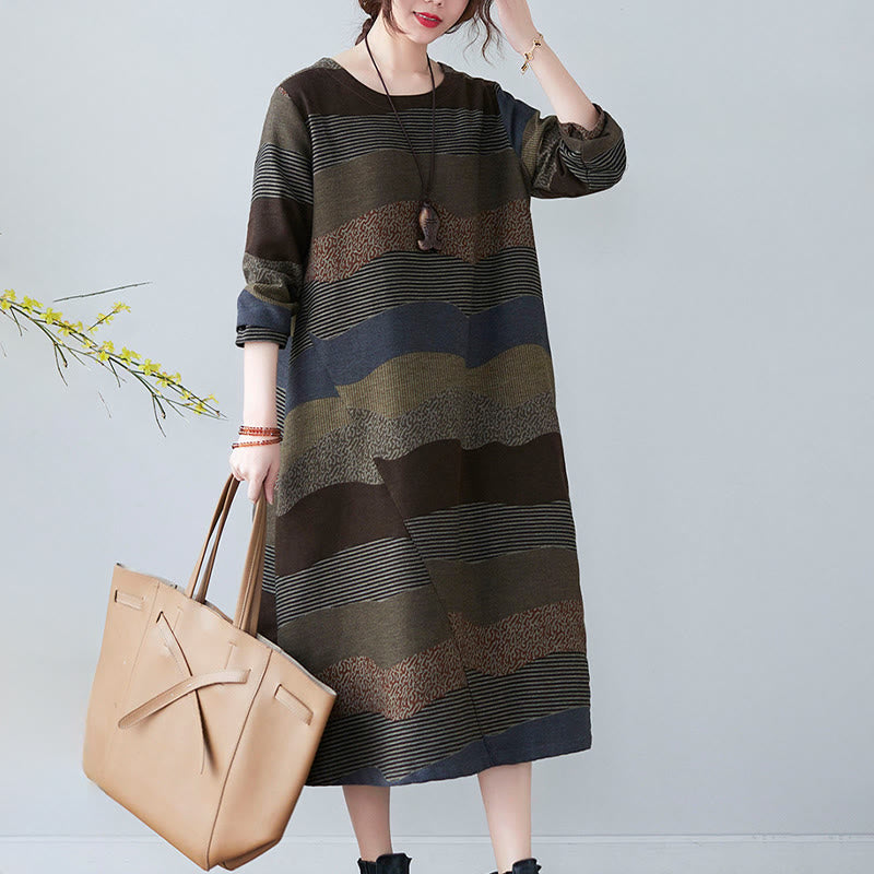 Buddha Stones Ethnic Printing Striped Pattern Long Sleeve Cotton Linen Midi Dress With Pockets - image 23