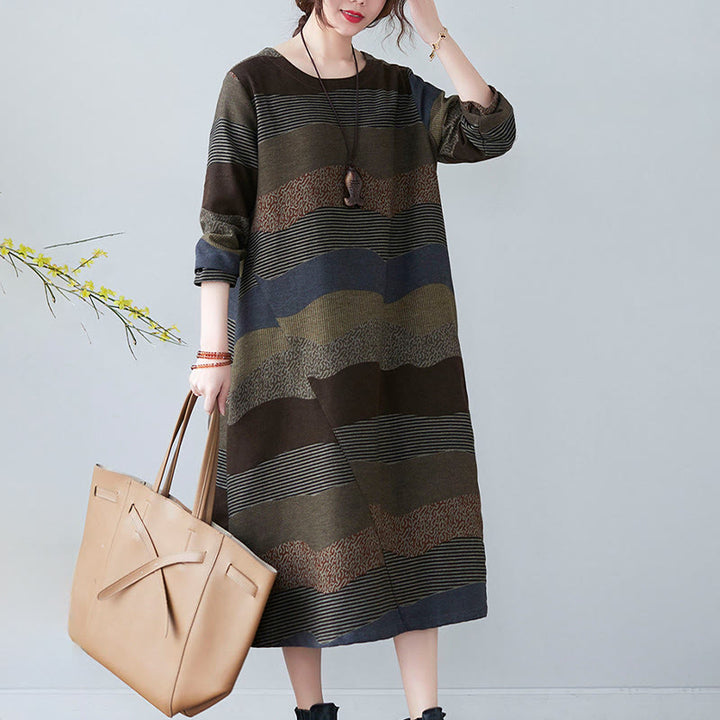 Buddha Stones Ethnic Printing Striped Pattern Long Sleeve Cotton Linen Midi Dress With Pockets - image 23