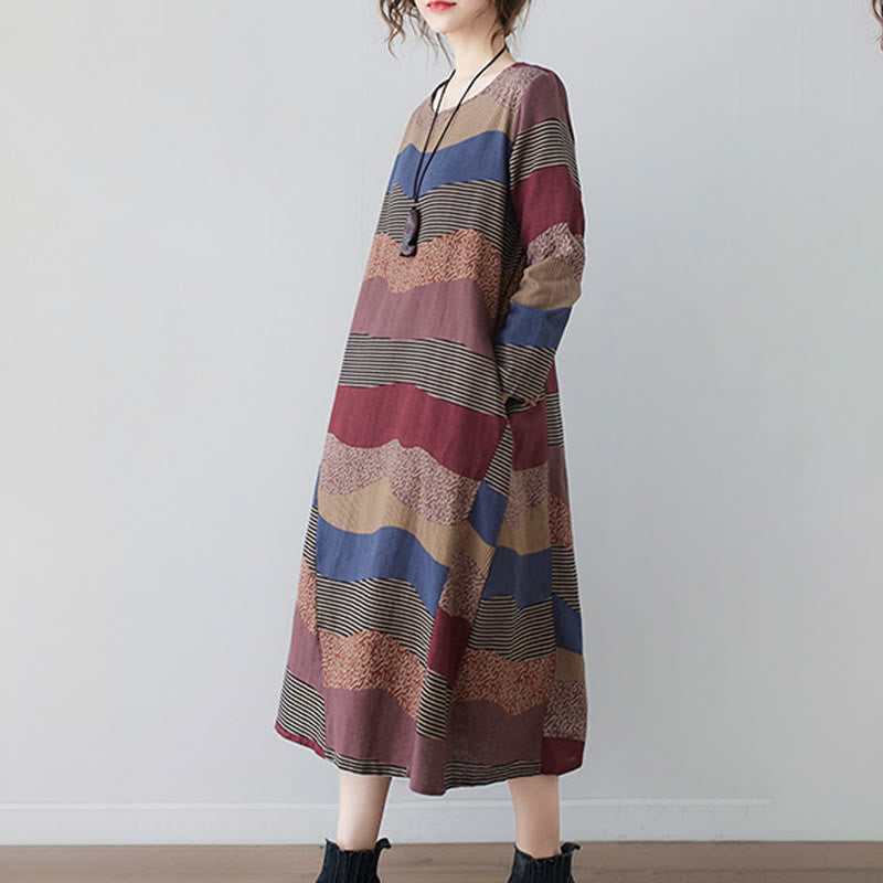 Buddha Stones Ethnic Printing Striped Pattern Long Sleeve Cotton Linen Midi Dress With Pockets - image 7