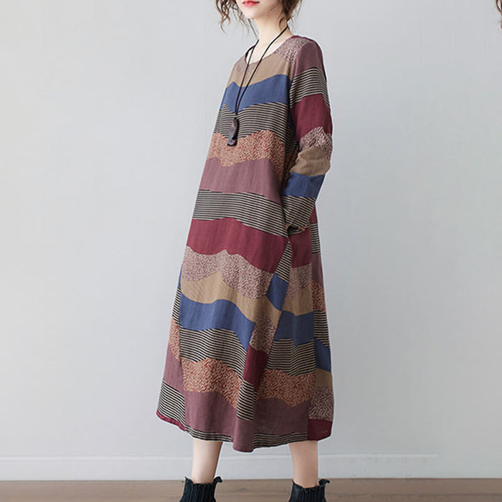 Buddha Stones Ethnic Printing Striped Pattern Long Sleeve Cotton Linen Midi Dress With Pockets - image 7